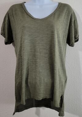 Postage Stamp Anthropologie Green V Neck Slub Knit Top Small Hi Low Hem Soft